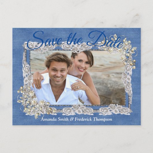 Denim met Cream Flower Lace Aankondigingskaart (Voorkant)