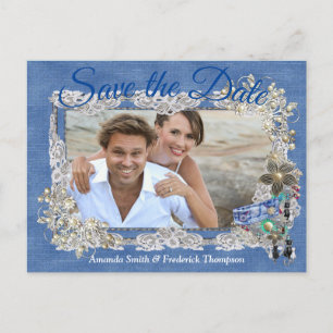 Denim met Cream Flower Lace en Costume Jewelry Aankondigingskaart