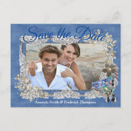 Denim met Cream Flower Lace en Costume Jewelry Aankondigingskaart