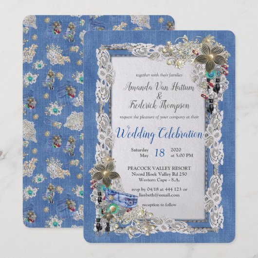 Denim met Cream Flower Lace en Costume Jewelry Kaart (Voorkant / Achterkant)