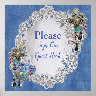 Denim met Cream Flower Lace en Costume Jewelry Poster