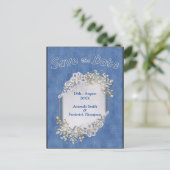 Denim met Cream Flower Lace en Pearls Aankondigingskaart (Staand voorkant)