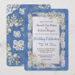 Denim met Cream Flower Lace en Pearls Kaart
