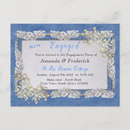 Denim met Cream Flower Lace en Pearls Uitnodiging Briefkaart