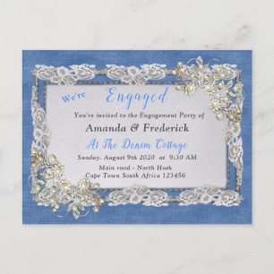 Denim met Cream Flower Lace en Pearls Uitnodiging Briefkaart