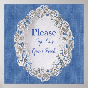 Denim met Cream Flower Lace Poster