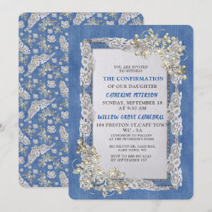 Denim met Crème Bloemen Kant en Parels Kaart