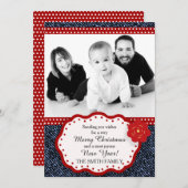 Denim met rode en witte pokadot met kerstmis feestdagenkaart (Voorkant / Achterkant)