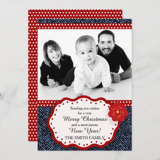 Denim met rode en witte pokadot met kerstmis feestdagenkaart (Voorkant / Achterkant)