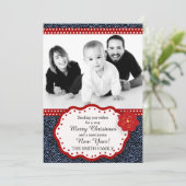 Denim met rode en witte pokadot met kerstmis feestdagenkaart (Staand voorkant)