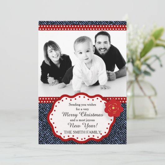 Denim met rode en witte pokadot met kerstmis feestdagenkaart (Staand voorkant)