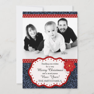 Denim met rode en witte stippen foto Kerstmis Feestdagenkaart