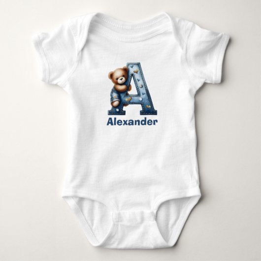 Denim Monogram A Knuffelbeer Romper (Voorkant)
