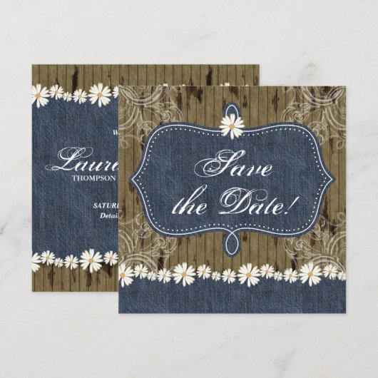 Denim n Daisies Save the Date Wood Invite Western (Voorkant / Achterkant)