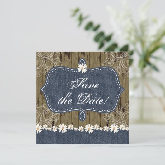 Denim n Daisies Save the Date Wood Invite Western (Staand voorkant)