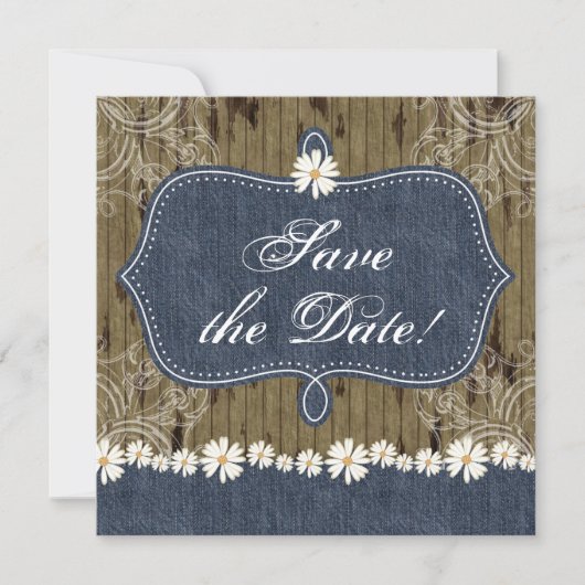 Denim n Daisies Save the Date Wood Invite Western (Voorkant)