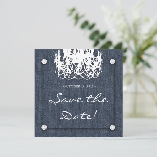 Denim n Diamonds Wedding Invitation Chandelier 1 Save The Date (Staand voorkant)