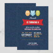 Denim Owl Cartoon Birthday Uitnodiging voor kinder (Voorkant / Achterkant)