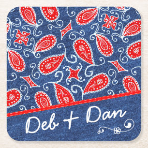 Denim Paisley Cute Floral Red White en Blue Jeans Kartonnen Onderzetters