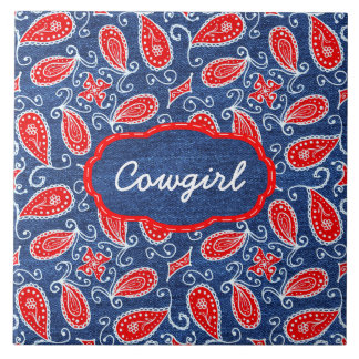 Denim Paisley Cute Floral Red White en Blue Jeans Tegeltje