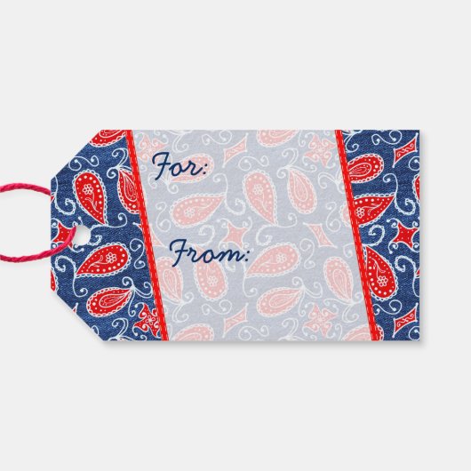 Denim Paisley Leuke Bloemenrood Wit en Blauwe Jean Cadeaulabel (Achterkant Horizontaal)