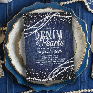 Denim Parels Blauw Modern Elegant 50e Verjaardag Kaart