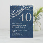 Denim Parels Elegant Modern 40e Verjaardagsfeest Kaart (Staand voorkant)