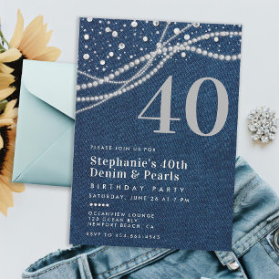 Denim Parels Elegant Modern 40e Verjaardagsfeest Kaart