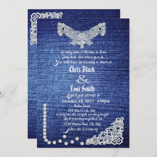 Denim, Parels en Lace Wedding Invite Kaart (Voorkant / Achterkant)