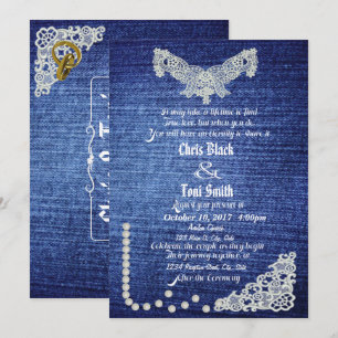 Denim, Parels en Lace Wedding Invite Kaart