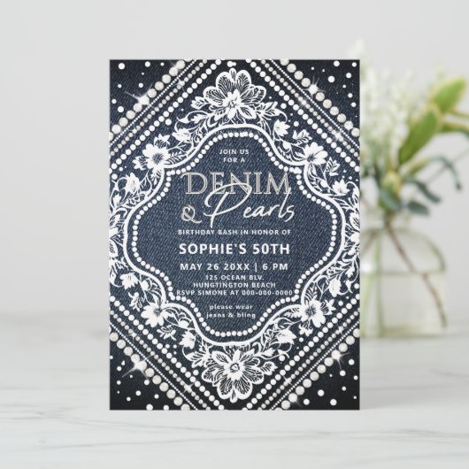 Denim Parels Kant Elegant Modern 50ste Verjaardag Kaart (Staand voorkant)