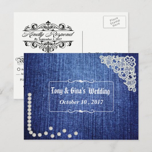 Denim Parels & Kant Wedding RSVP Uitnodiging Briefkaart (Voorkant / Achterkant)