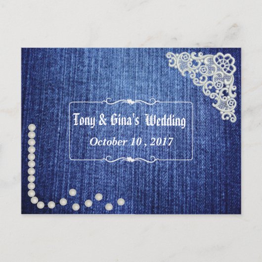 Denim Parels & Kant Wedding RSVP Uitnodiging Briefkaart (Voorkant)