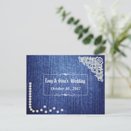 Denim Parels & Kant Wedding RSVP Uitnodiging Briefkaart (Staand voorkant)