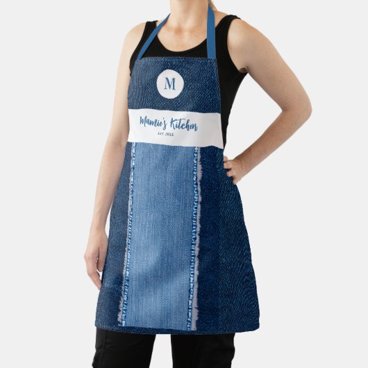 Denim Patch Blauw Jeans Modern Custom Monogram Gif Schort (Insitu)