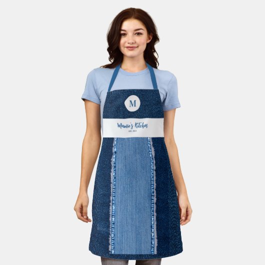 Denim Patch Blauw Jeans Modern Custom Monogram Gif Schort (Gedragen)