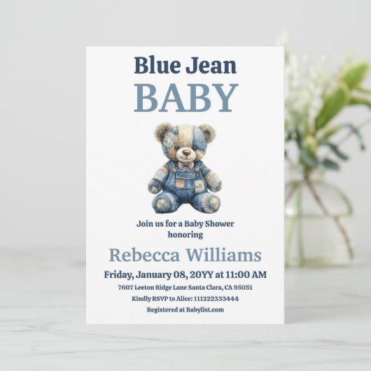Denim Patchwork Bear Boy Blue Jean Baby Shower Kaart (Staand voorkant)
