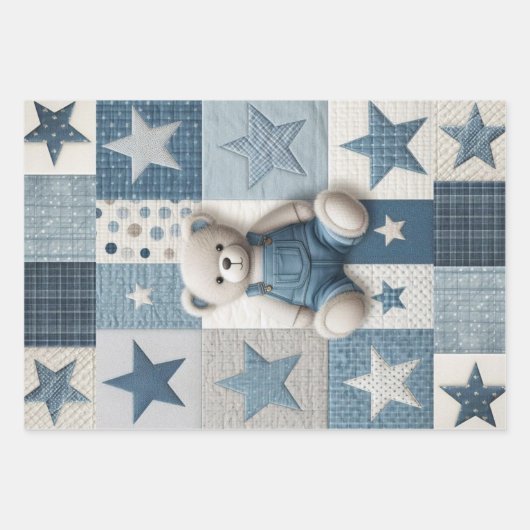 Denim Patchwork Bear Napkins Inpakpapier Vel (Voorkant 3)