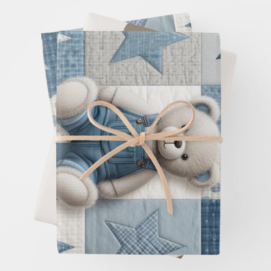 Denim Patchwork Bear Napkins Inpakpapier Vel (In situ)