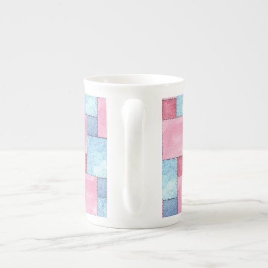 Denim Patchwork Bone China Mok, Pinks, Blues Porselein Kop (Achterkant)