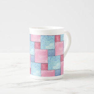 Denim Patchwork Bone China Mok, Pinks, Blues Porselein Kop