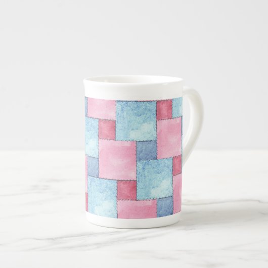 Denim Patchwork Bone China Mok, Pinks, Blues Porselein Kop (Voorkant rechts)