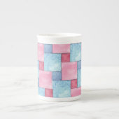 Denim Patchwork Bone China Mok, Pinks, Blues Porselein Kop (Voorkant)