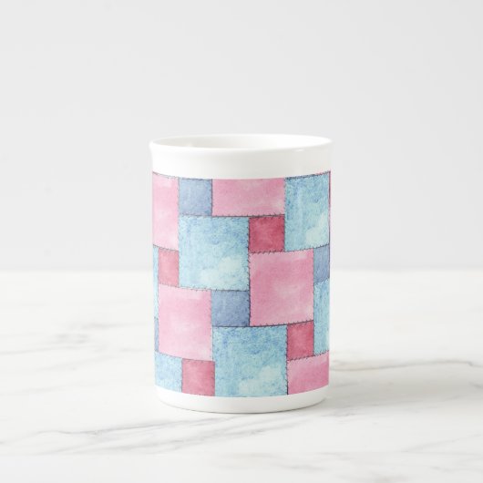 Denim Patchwork Bone China Mok, Pinks, Blues Porselein Kop (Voorkant)