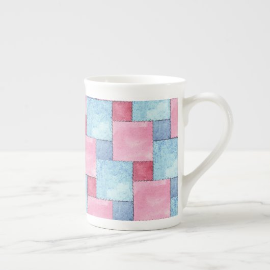 Denim Patchwork Bone China Mok, Pinks, Blues Porselein Kop (Rechts)