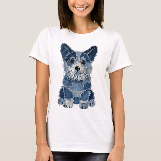 Denim Patchwork Corgi Hond T-shirt (Voorkant)