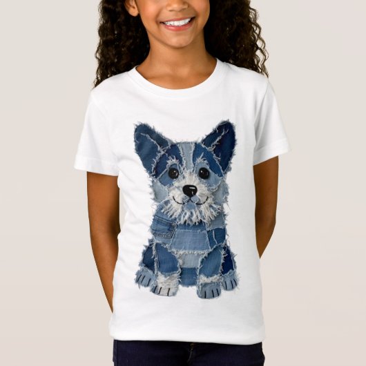 Denim Patchwork Corgi Hond T-shirt (Voorkant)