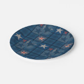 Denim patchwork douchegordijn papieren bordje (Gekanteld)