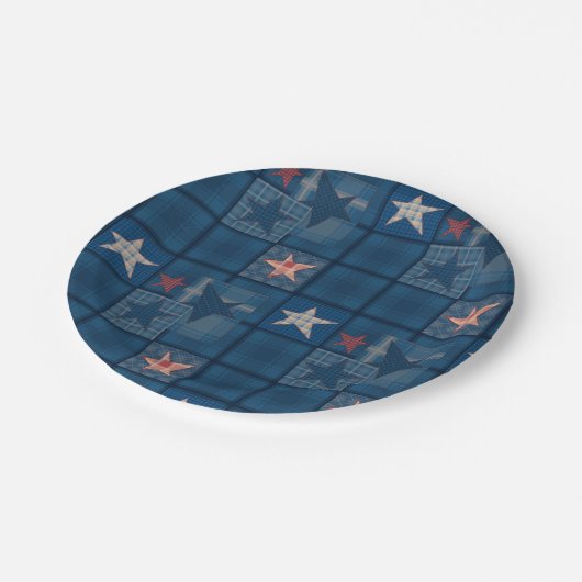 Denim patchwork douchegordijn papieren bordje (Gekanteld)