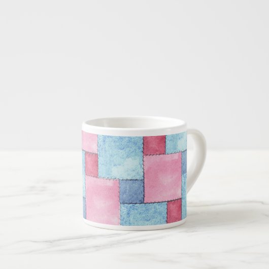 Denim Patchwork Espresso Mok, Pinks, Blues Kop (Voorkant rechts)